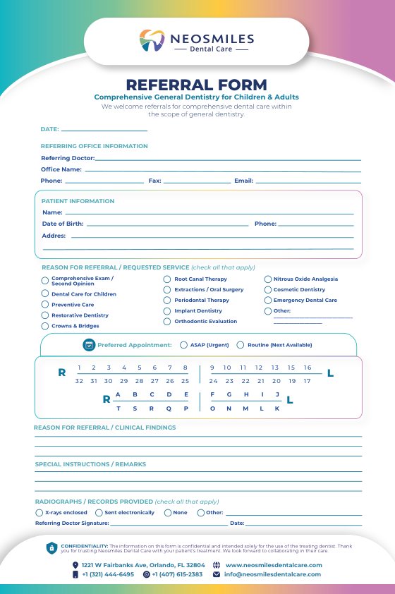 The Neosmiles referral form: referring office and patient details, reason for referral, tooth chart and records provided.